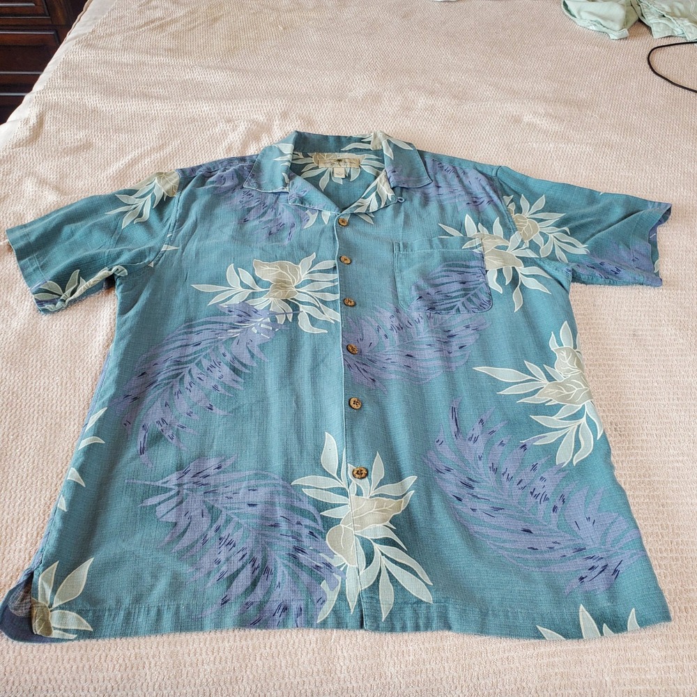 Island Shores Mens Large Teal Blue 100% Washable Silk Tropical Floral Camp Shirt
